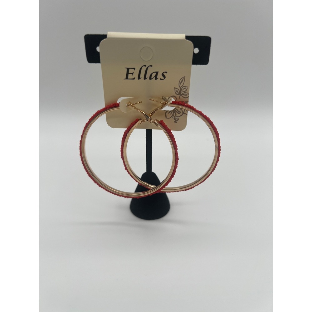 Ellas Red Seed Bead Wrapped Gold Tone Hoop Earrings Latch Back Round Fashion